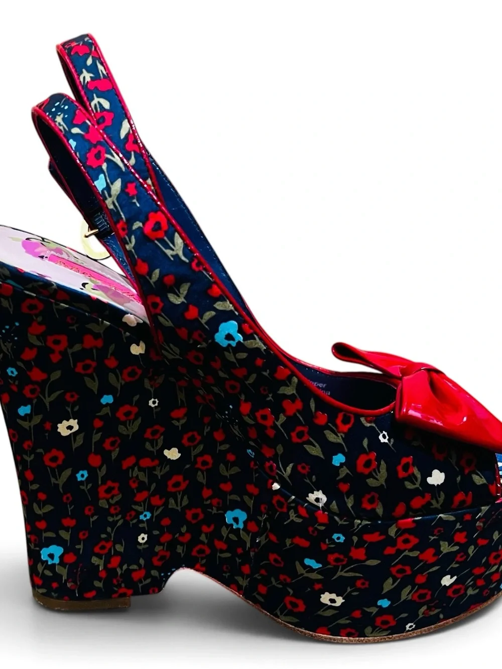 Betsey Johnson Navy Floral Platform Slingbacks with Red Bow